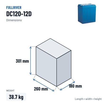 Batterie marine Fullriver DC120-12D 12V 120Ah 750A AGM – dimensions 260 × 180 × 301 mm