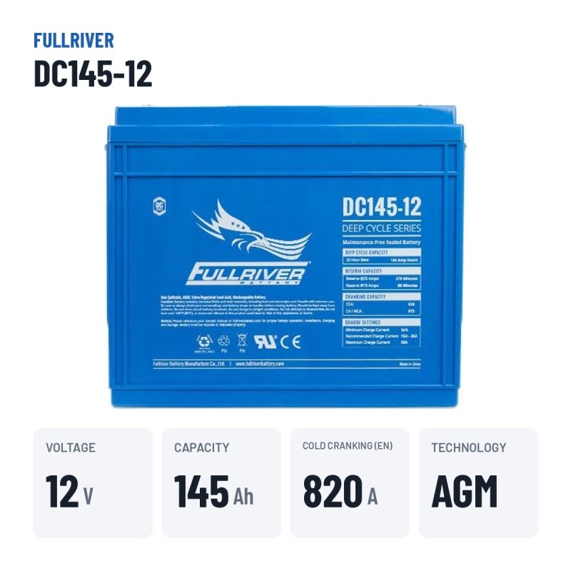Batterie marine Fullriver DC145-12 12V 145Ah 820A AGM – caractéristiques clés