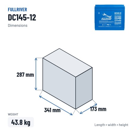 Batería náutica Fullriver DC145-12 12V 145Ah 820A AGM – medidas 341 × 173 × 287 mm