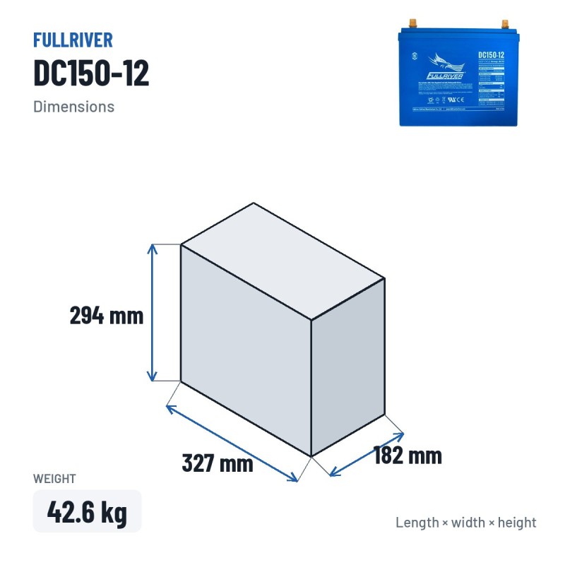 Marine battery Fullriver DC150-12 12V 150Ah 900A AGM – dimensions 327 × 182 × 294 mm
