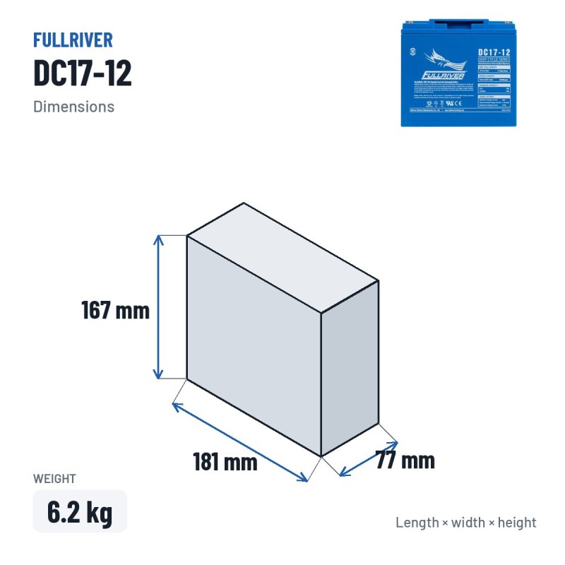 Batterie marine Fullriver DC17-12 12V 17Ah 120A AGM – dimensions 181 × 77 × 167 mm