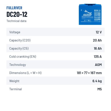 Batería náutica Fullriver DC20-12 12V 20Ah 135A AGM – ficha técnica