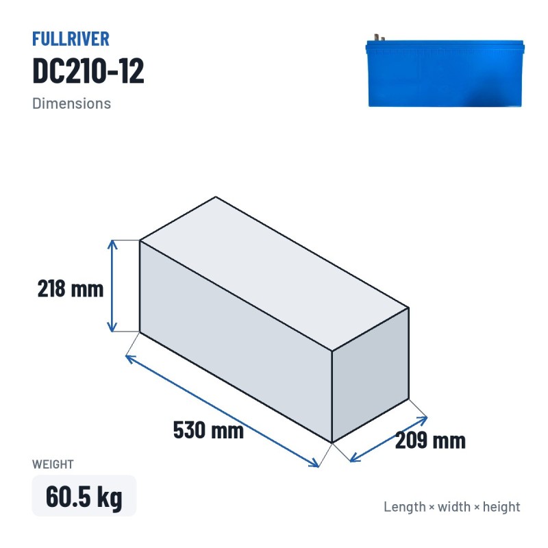 Batteria nautica Fullriver DC210-12 12V 210Ah 1180A AGM – dimensioni 530 × 209 × 218 mm