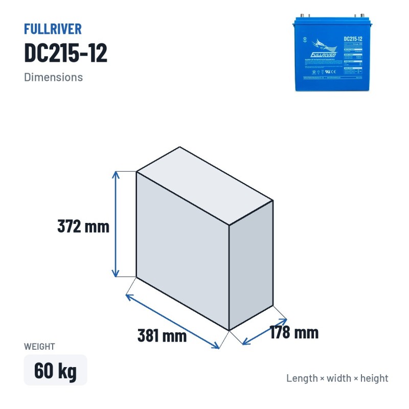 Batterie marine Fullriver DC215-12 12V 215Ah 1000A AGM – dimensions 381 × 178 × 372 mm
