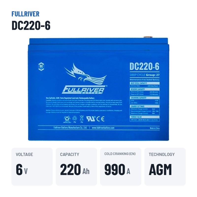 Batería náutica Fullriver DC220-6 6V 220Ah 990A AGM – datos clave