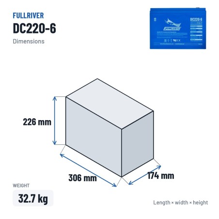 Bootsbatterie Fullriver DC220-6 6V 220Ah 990A AGM – Abmessungen 306 × 174 × 226 mm