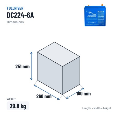 Bootsbatterie Fullriver DC224-6A 6V 224Ah AGM – Abmessungen 260 × 180 × 251 mm