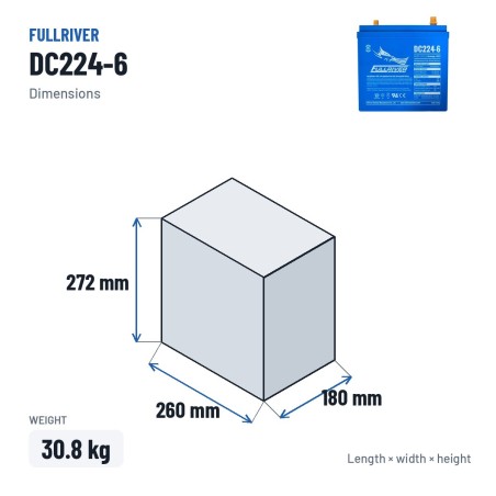 Batteria nautica Fullriver DC224-6B 6V 224Ah AGM – dimensioni 260 × 180 × 272 mm
