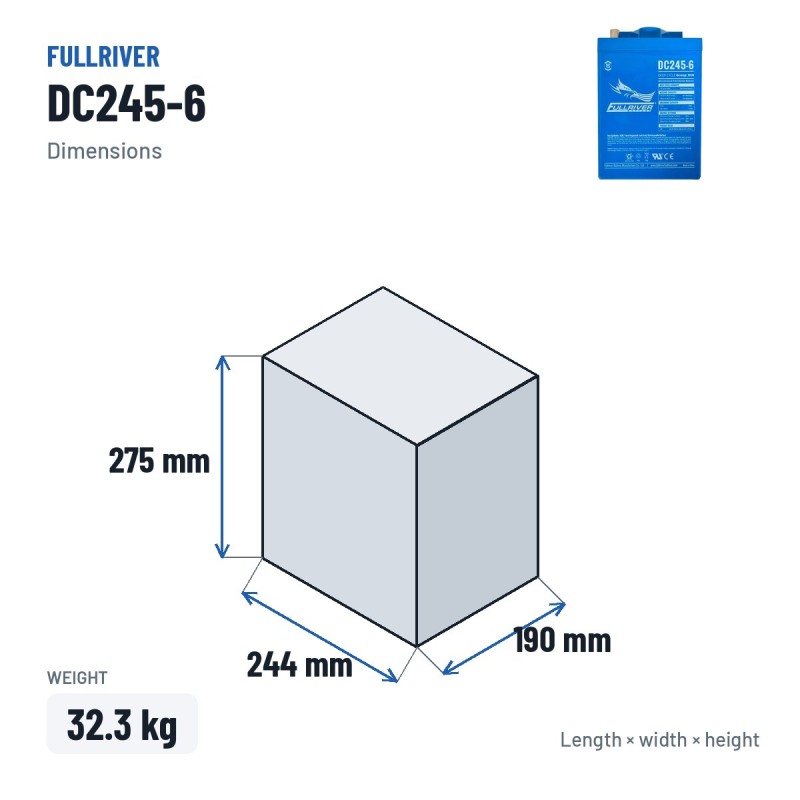 Marine battery Fullriver DC245-6 6V 245Ah 930A AGM – dimensions 244 × 190 × 275 mm