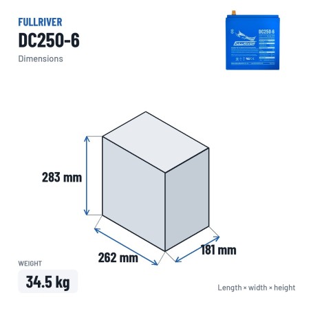 Batteria nautica Fullriver DC250-6 6V 250Ah 960A AGM – dimensioni 262 × 181 × 283 mm