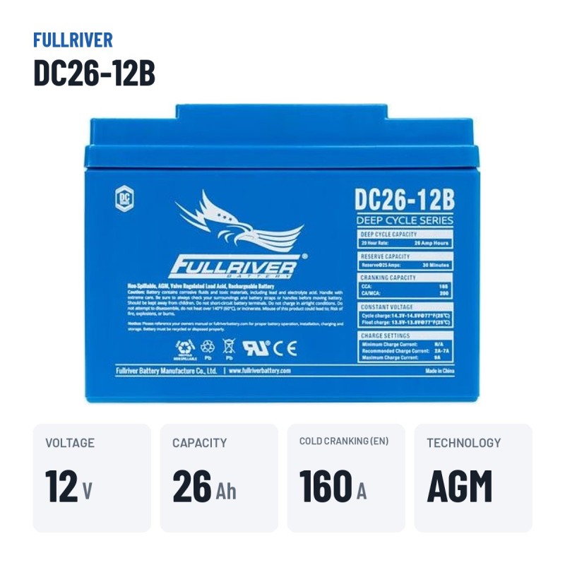 Batterie marine Fullriver DC26-12B 12V 26Ah 160A AGM – caractéristiques clés