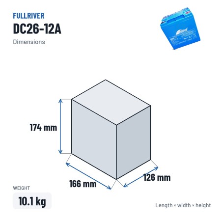 Batterie marine Fullriver DC26-12A 12V 26Ah 160A AGM – dimensions 166 × 126 × 174 mm