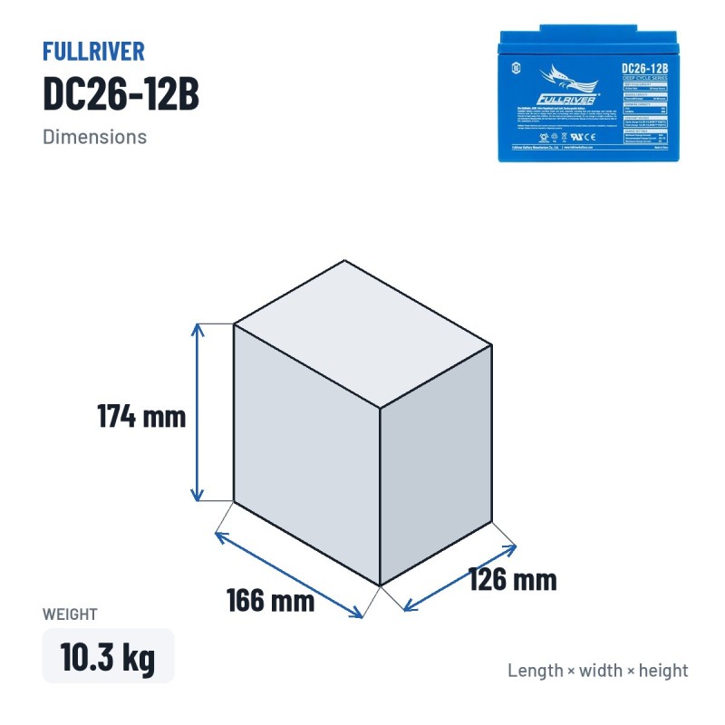 Batterie marine Fullriver DC26-12B 12V 26Ah 160A AGM – dimensions 166 × 126 × 174 mm