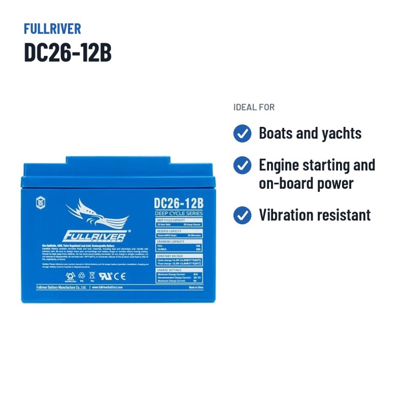 Batterie marine Fullriver DC26-12B 12V 26Ah 160A AGM – utilisations recommandées