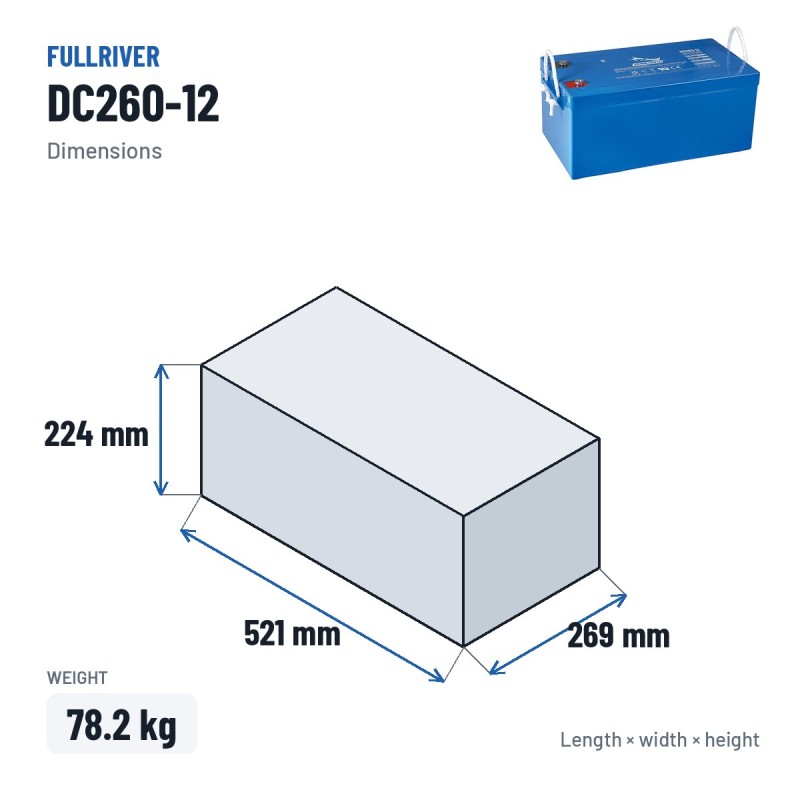 Marine battery Fullriver DC260-12 12V 260Ah 1525A AGM – dimensions 521 × 269 × 224 mm