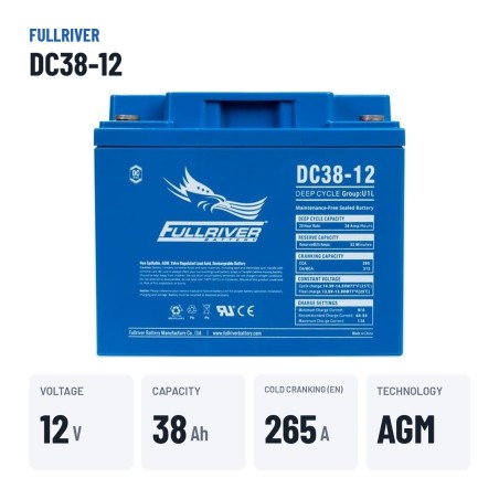 Bateria náutica Fullriver DC38-12 12V 38Ah 265A AGM – dados principais