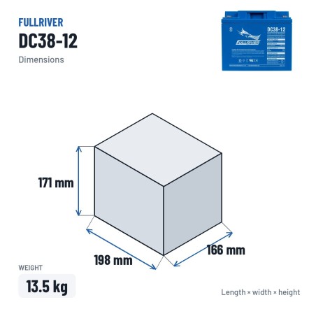 Bootsbatterie Fullriver DC38-12 12V 38Ah 265A AGM – Abmessungen 198 × 166 × 171 mm