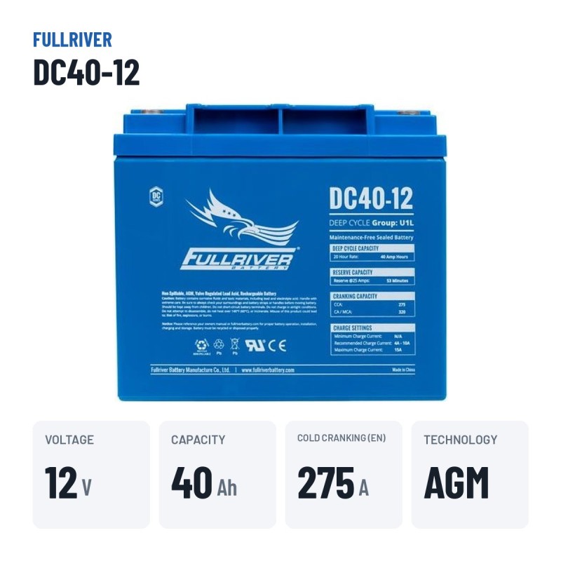 Marine battery Fullriver DC40-12 12V 40Ah 275A AGM – key specs