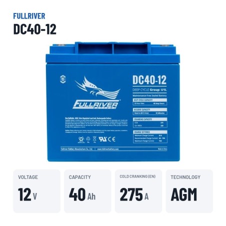 Batería náutica Fullriver DC40-12 12V 40Ah 275A AGM – datos clave