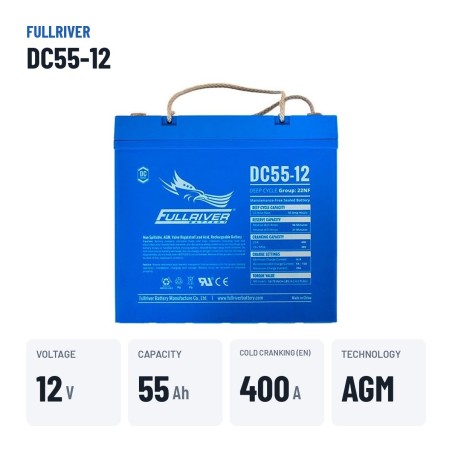 Batterie marine Fullriver DC55-12 12V 55Ah 400A AGM – caractéristiques clés