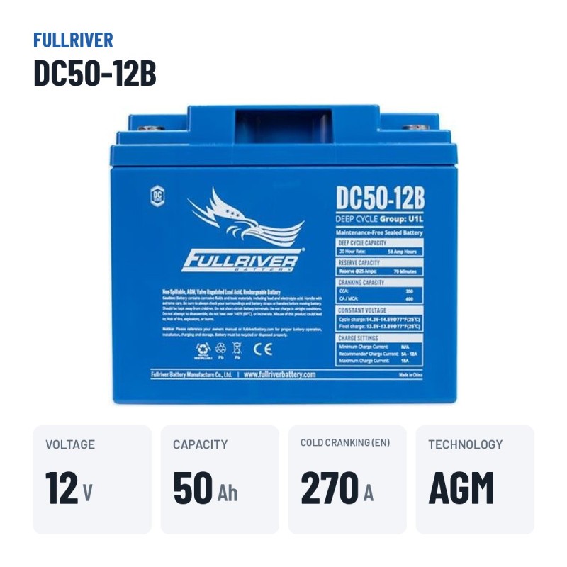 Batterie marine Fullriver DC50-12B 12V 50Ah 270A AGM – caractéristiques clés