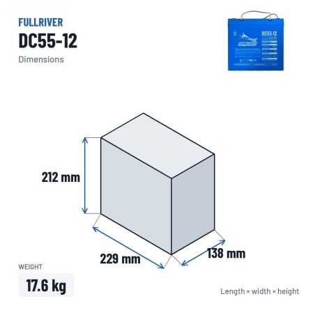 Batterie marine Fullriver DC55-12 12V 55Ah 400A AGM – dimensions 229 × 138 × 212 mm