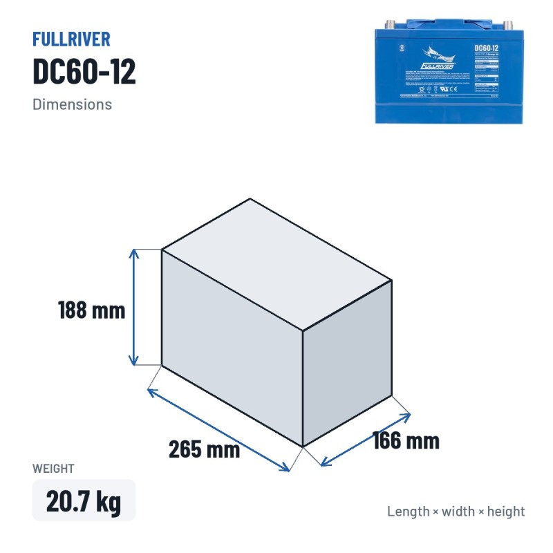Marine battery Fullriver DC60-12A 12V 60Ah AGM – dimensions 265 × 166 × 188 mm