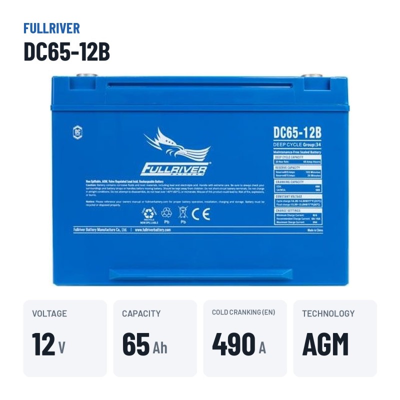 Batería náutica Fullriver DC65-12B 12V 65Ah 490A AGM – datos clave