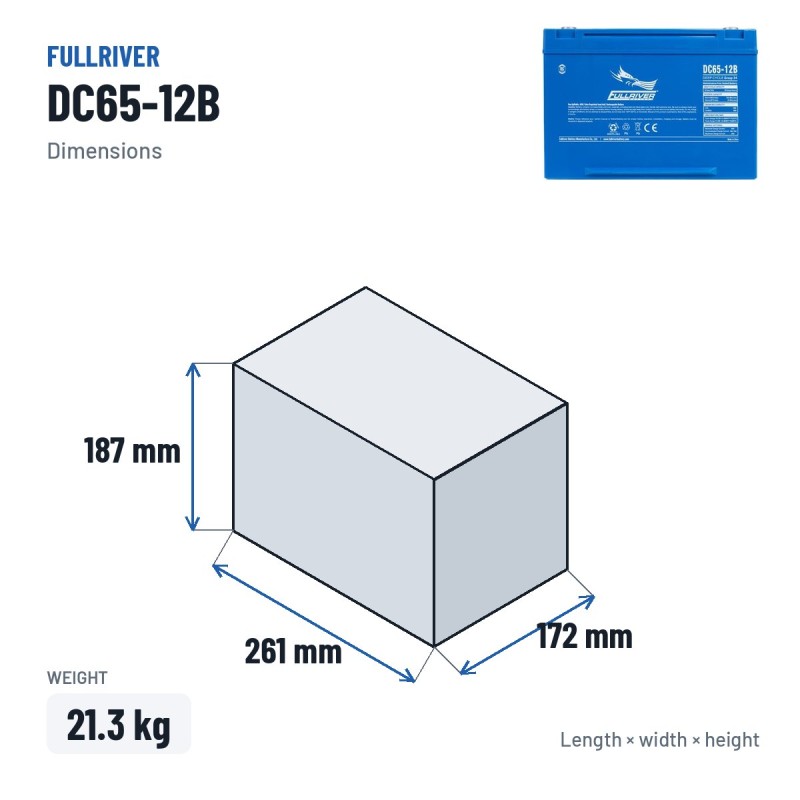 Batería náutica Fullriver DC65-12B 12V 65Ah 490A AGM – medidas 261 × 172 × 187 mm