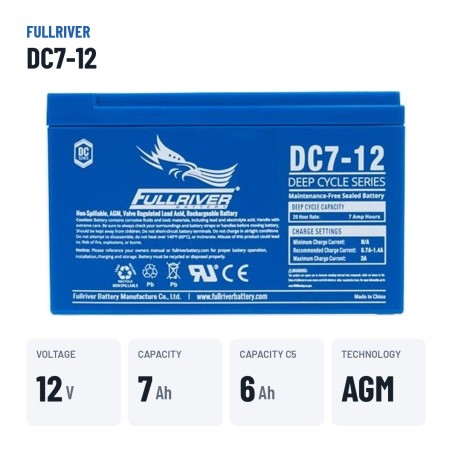 Batterie marine Fullriver DC7-12 12V 7Ah AGM – caractéristiques clés