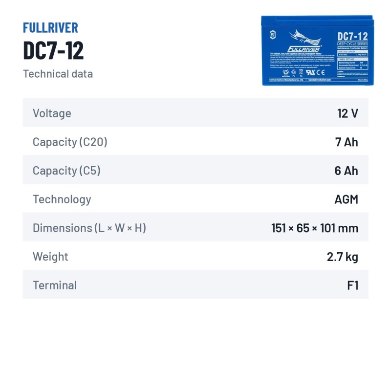 Batterie marine Fullriver DC7-12 12V 7Ah AGM – fiche technique
