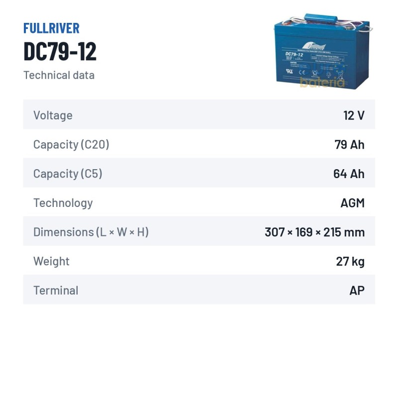 Marine battery Fullriver DC79-12 12V 79Ah 600A AGM – technical data