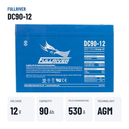 Marine battery Fullriver DC90-12 12V 90Ah 530A AGM – key specs
