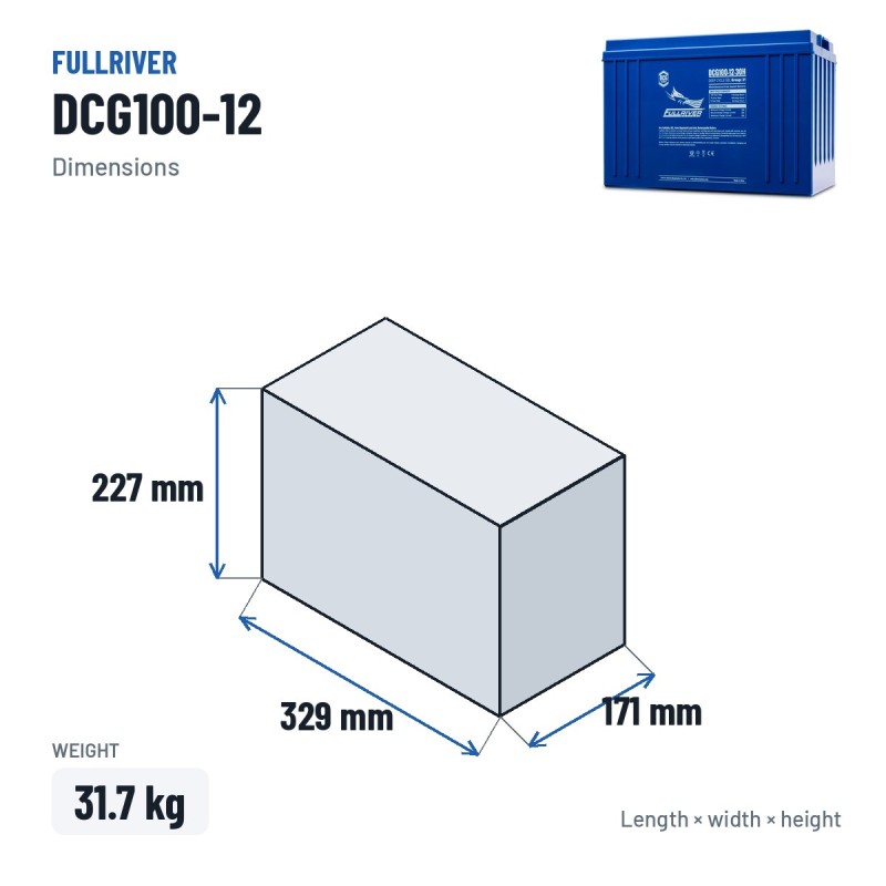 Bateria náutica Fullriver DCG100-12 12V 100Ah AGM – medidas 329 × 171 × 227 mm