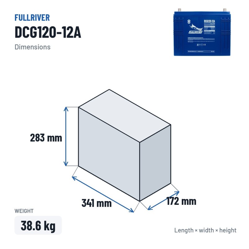 Caravan battery Fullriver DCG120-12A 12V 120Ah AGM – dimensions 341 × 172 × 283 mm