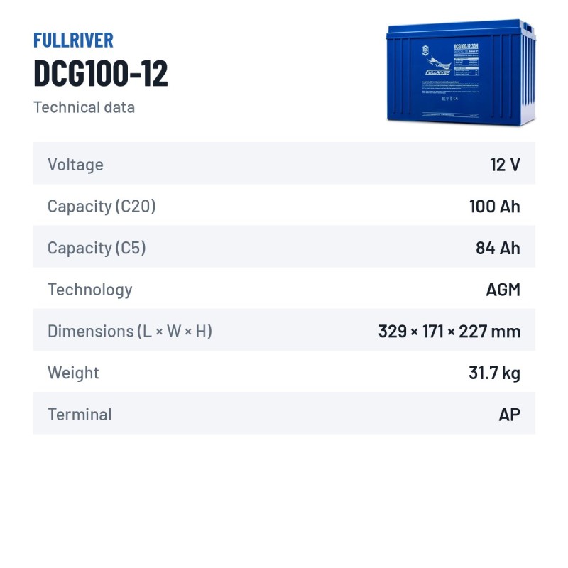 Batterie marine Fullriver DCG100-12 12V 100Ah AGM – fiche technique