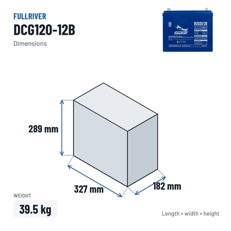 Wohnmobilbatterie Fullriver DCG120-12B 12V 120Ah AGM – Abmessungen 327 × 182 × 289 mm