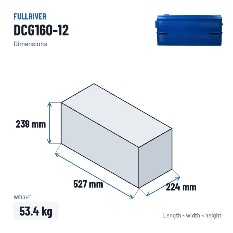 Bateria de caravana Fullriver DCG160-12 12V 160Ah AGM – medidas 527 × 224 × 239 mm