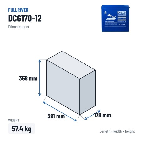 Wohnmobilbatterie Fullriver DCG170-12 12V 170Ah AGM – Abmessungen 381 × 178 × 358 mm
