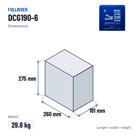 Caravan battery Fullriver DCG190-6 6V 190Ah AGM – dimensions 260 × 181 × 275 mm