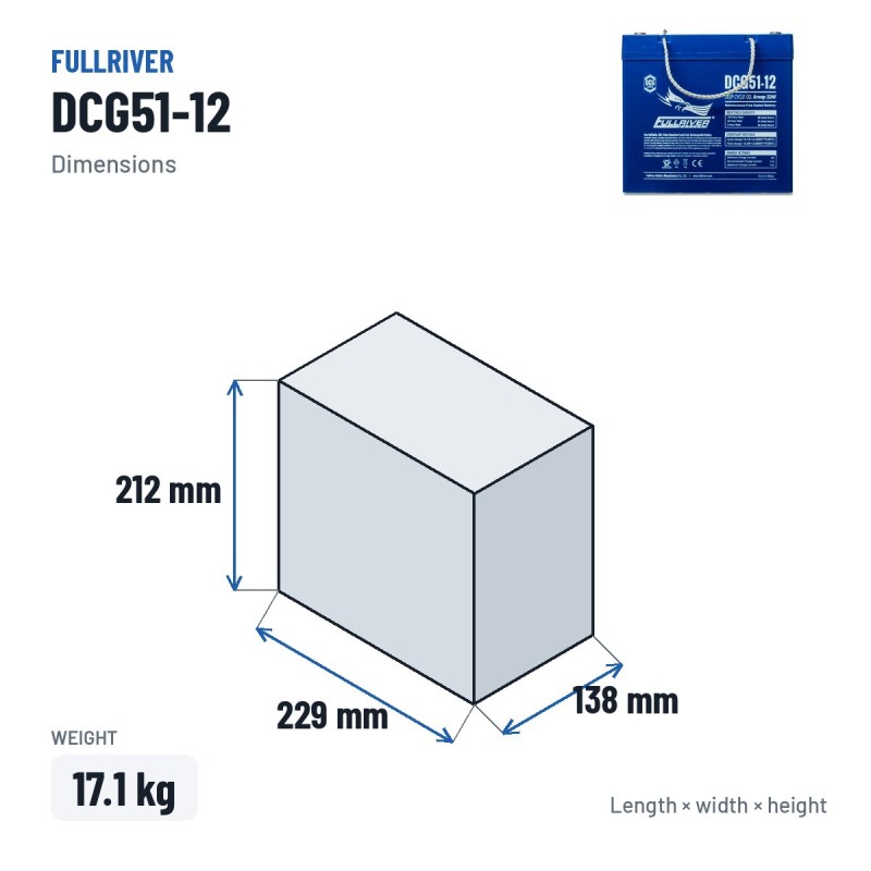 Rollstuhlbatterie Fullriver DCG51-12 12V 51Ah AGM – Abmessungen 229 × 138 × 212 mm