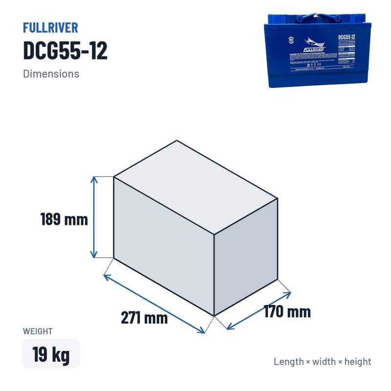 Rollstuhlbatterie Fullriver DCG55-12 12V 55Ah AGM – Abmessungen 271 × 170 × 189 mm