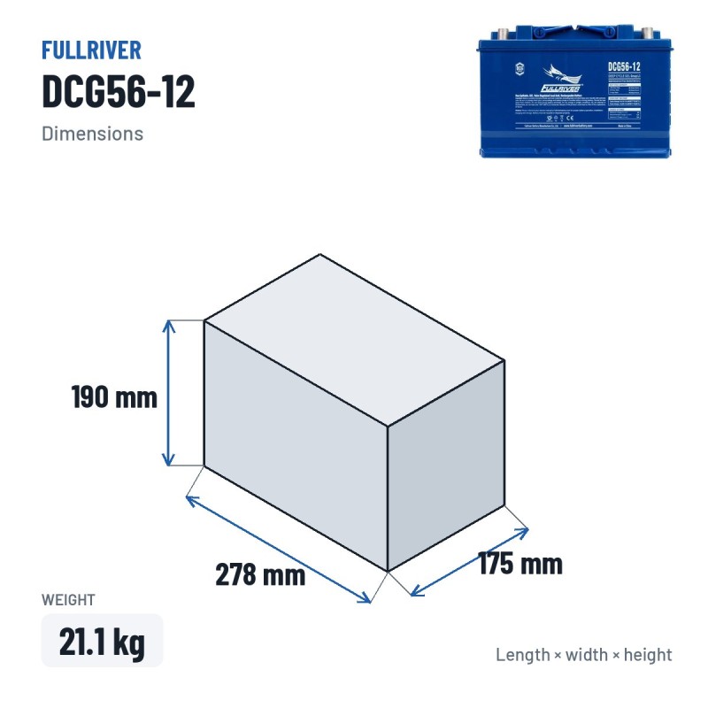 Wheelchair battery Fullriver DCG56-12 12V 56Ah AGM – dimensions 278 × 175 × 190 mm