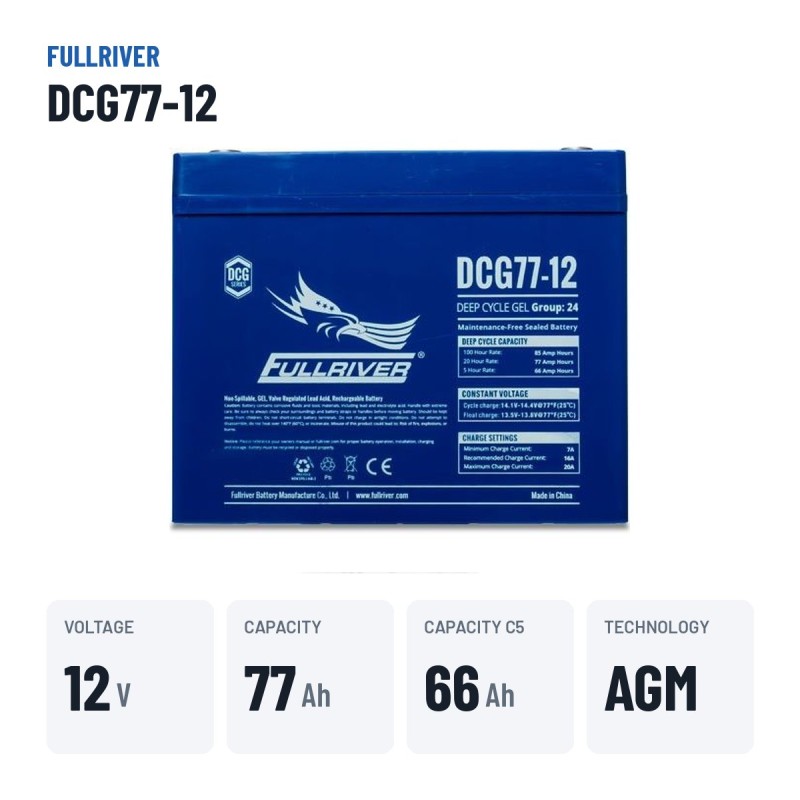 Bateria de cadeira de rodas Fullriver DCG77-12 12V 77Ah AGM – dados principais