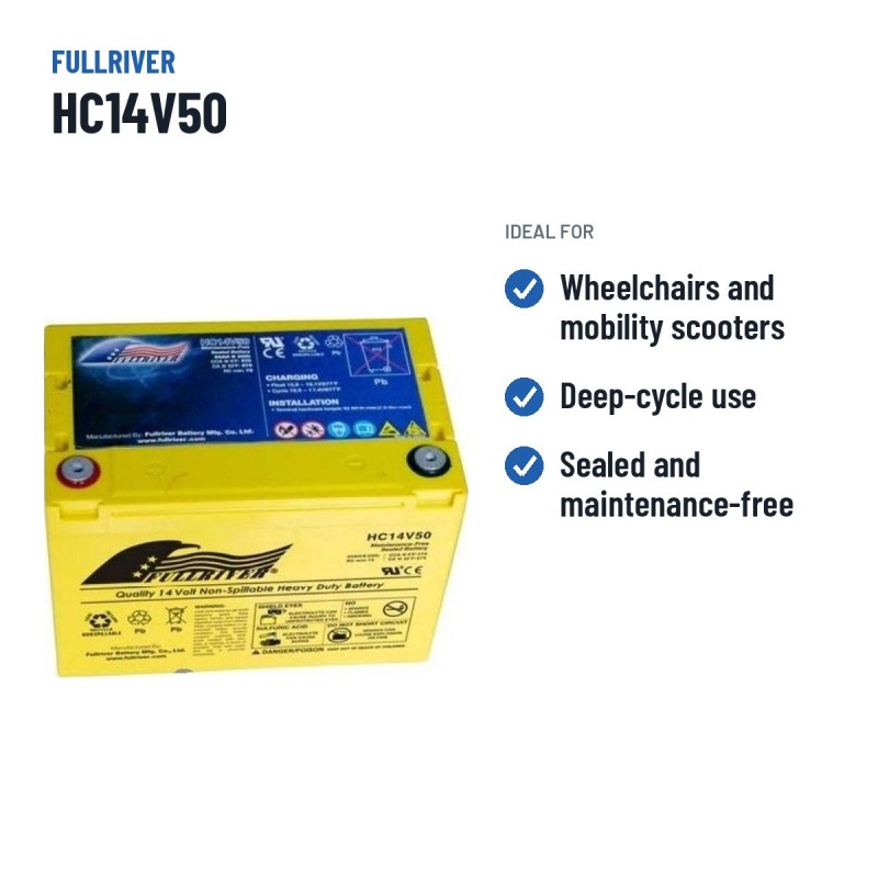 Wheelchair battery Fullriver HC14V50 14V 50Ah 570A AGM – recommended uses