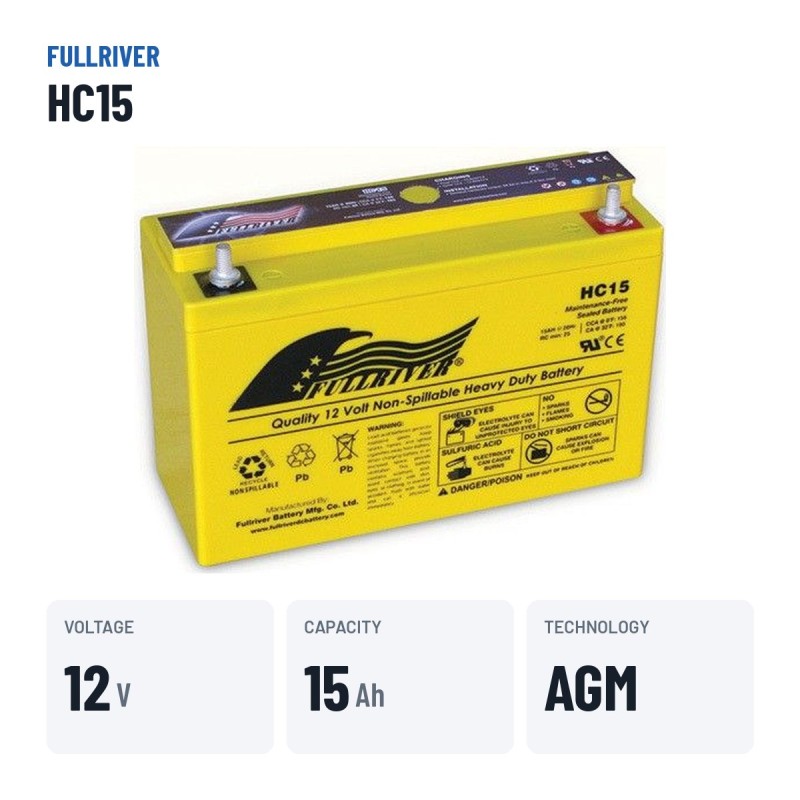 Bateria de cadeira de rodas Fullriver HC15 12V 15Ah 156A AGM – dados principais