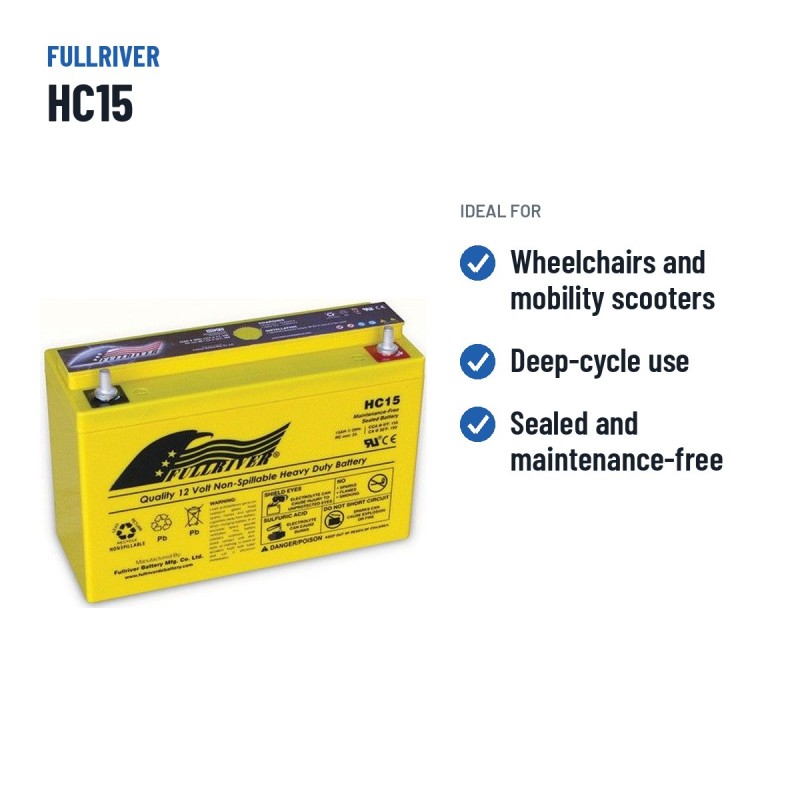 Bateria de cadeira de rodas Fullriver HC15 12V 15Ah 156A AGM – utilizações recomendadas