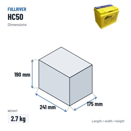 Rollstuhlbatterie Fullriver HC50 12V 50Ah 560A AGM – Abmessungen 241 × 175 × 190 mm