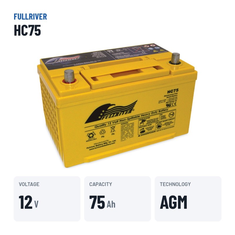 Bateria de cadeira de rodas Fullriver HC75 12V 75Ah 930A AGM – dados principais