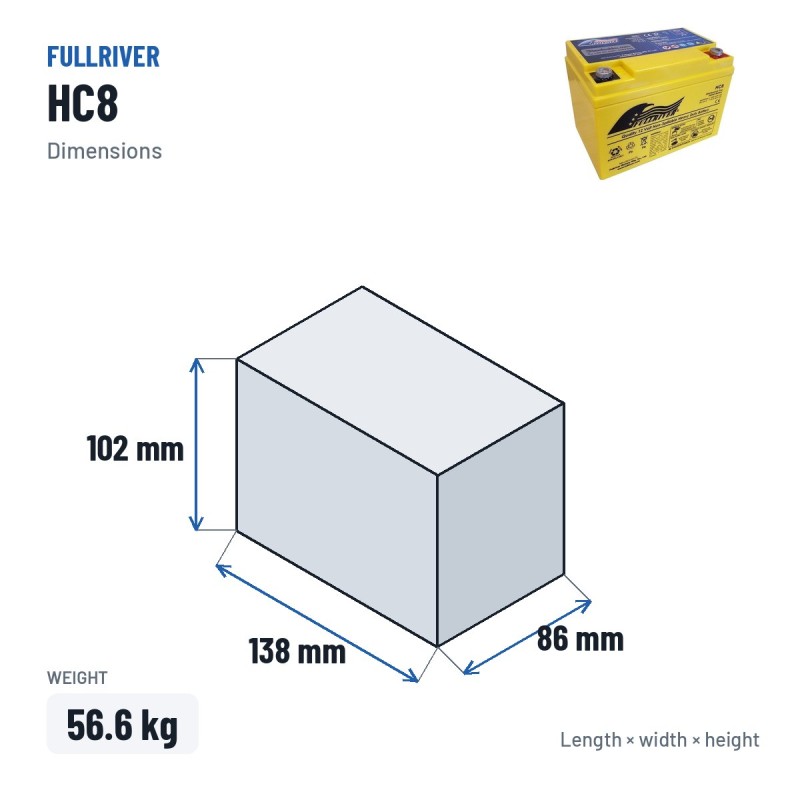 Bateria de cadeira de rodas Fullriver HC8 12V 8Ah 100A AGM – medidas 138 × 86 × 102 mm